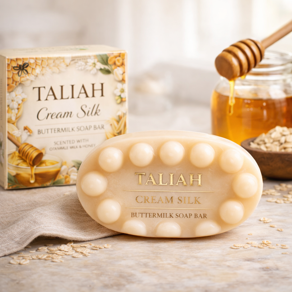 🌾 Taliah Cream Silk Buttermilk Soap Bar
(Scented with Oatmeal Milk & Honey)